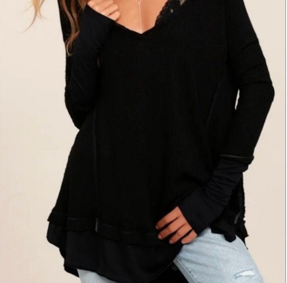 We The Free Women's Black Waffle Knit Thermal Oversized Tunic SZ Small Slouchy